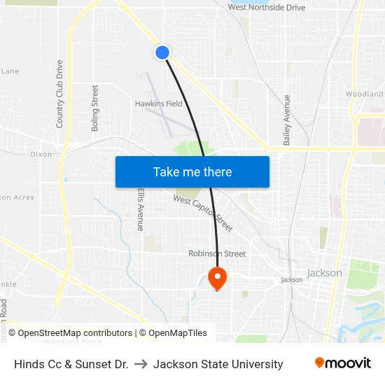 Hinds Cc & Sunset Dr. to Jackson State University map