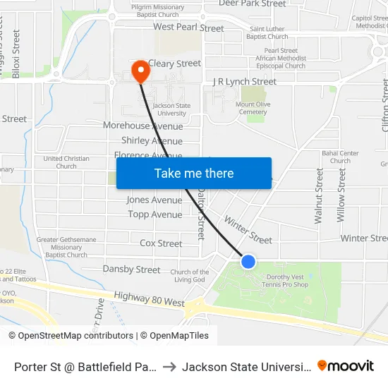 Porter St @ Battlefield Park to Jackson State University map