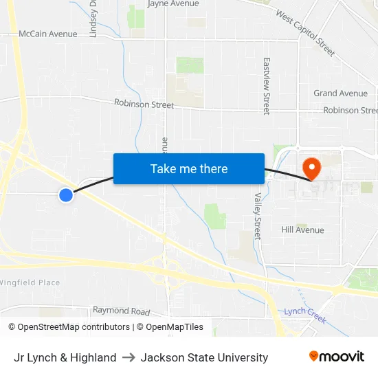 Jr Lynch & Highland to Jackson State University map