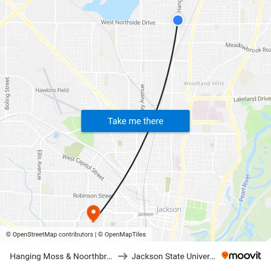 Hanging Moss & Noorthbrook to Jackson State University map