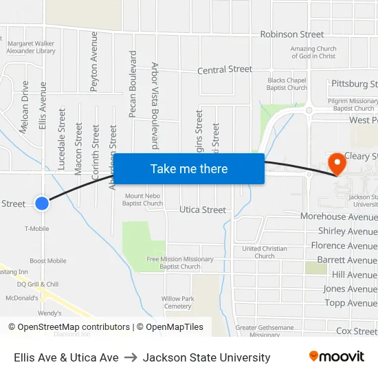 Ellis Ave & Utica Ave to Jackson State University map