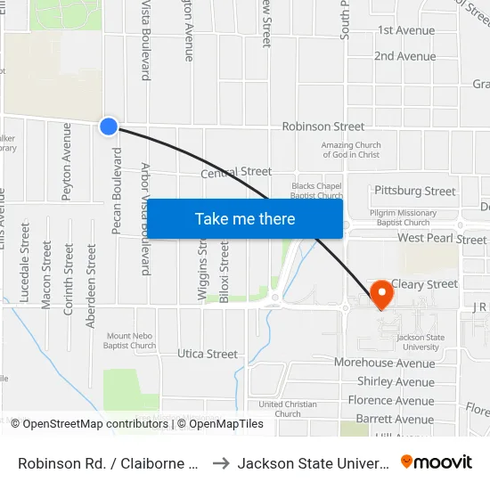 Robinson Rd. / Claiborne Ave. to Jackson State University map