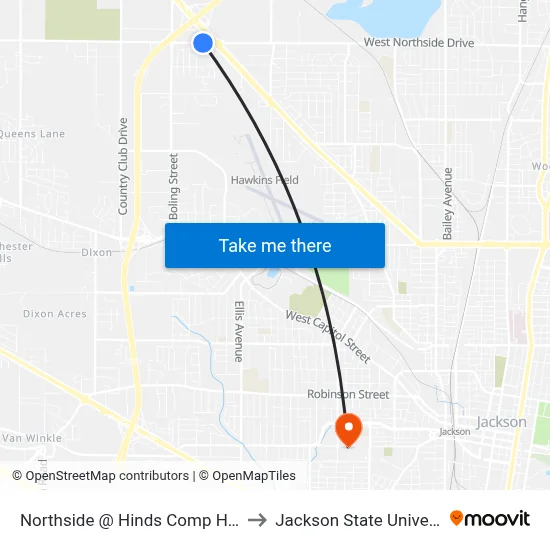 Northside @ Hinds Comp Health to Jackson State University map
