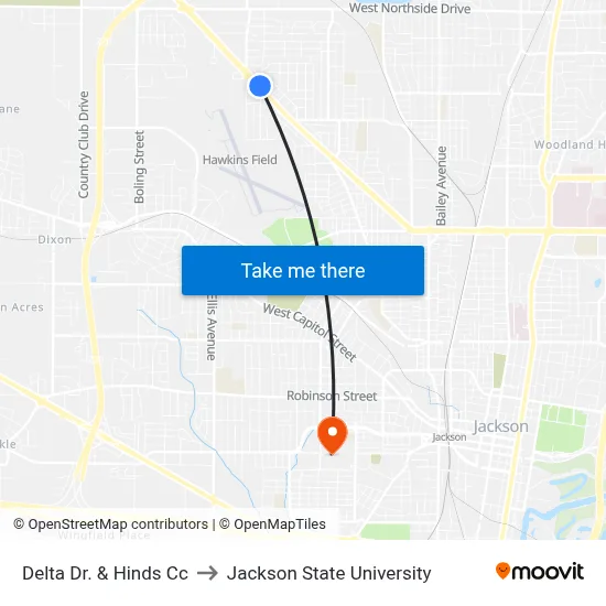 Delta Dr. & Hinds Cc to Jackson State University map