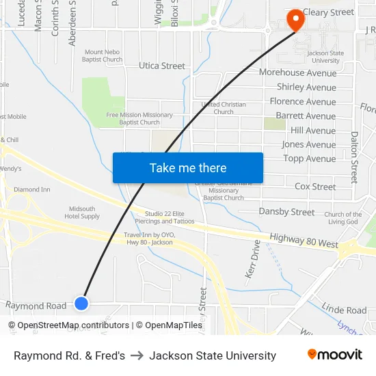 Raymond Rd. & Fred's to Jackson State University map