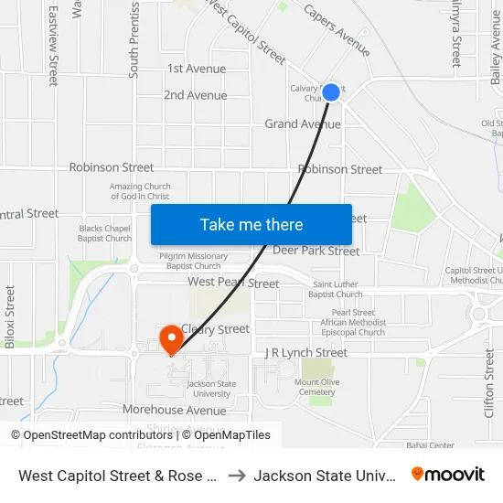 West Capitol Street & Rose Street to Jackson State University map