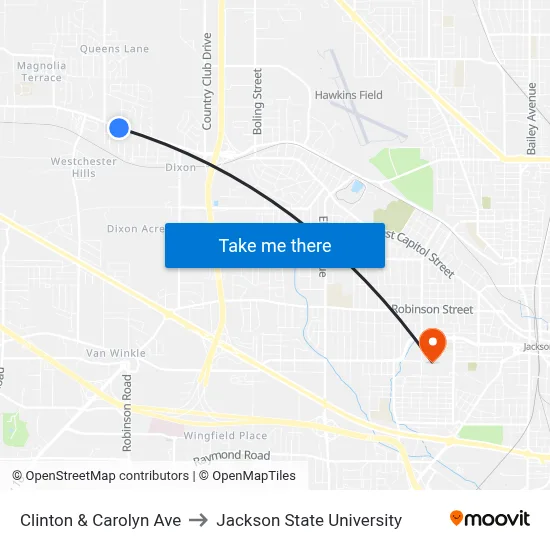Clinton & Carolyn Ave to Jackson State University map