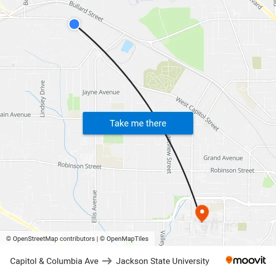 Capitol & Columbia Ave to Jackson State University map