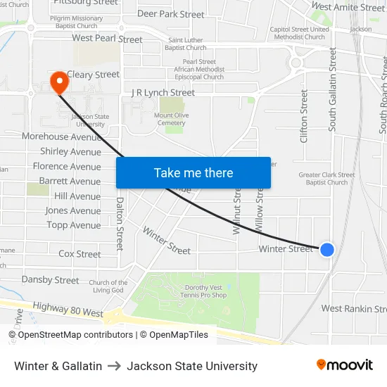 Winter & Gallatin to Jackson State University map