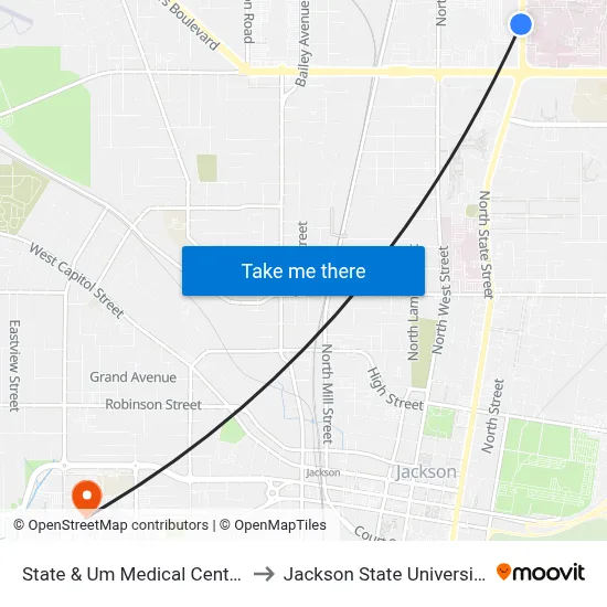 State & Um Medical Center to Jackson State University map