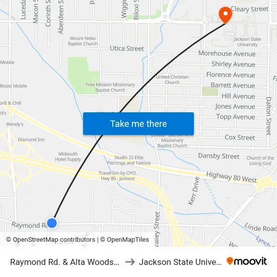 Raymond Rd. & Alta Woods Blvd. to Jackson State University map