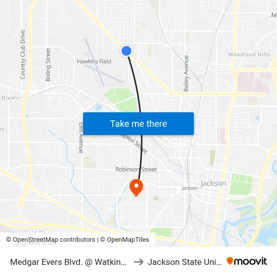 Medgar Evers Blvd. @ Watkins Radiator to Jackson State University map