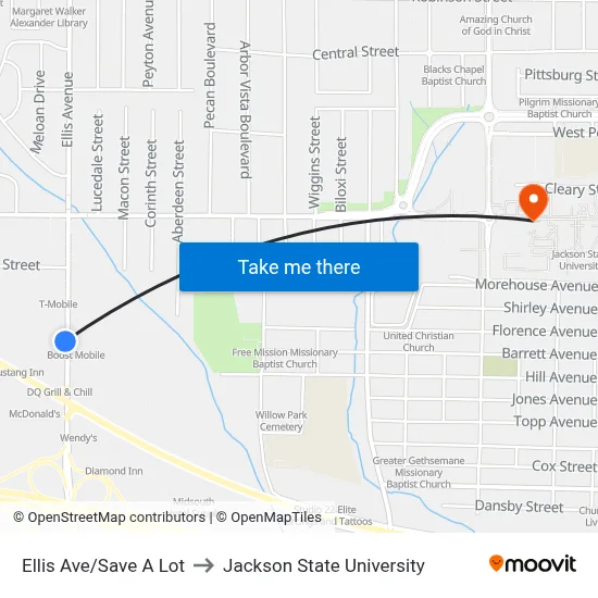 Ellis Ave/Save A Lot to Jackson State University map