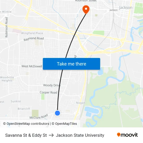 Savanna St & Eddy St to Jackson State University map