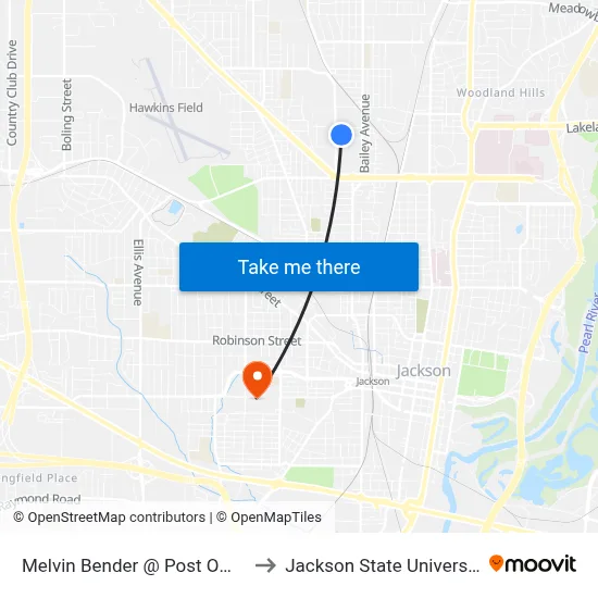 Melvin Bender @ Post Office to Jackson State University map