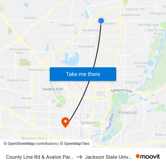 County Line Rd & Avalon Park Apts to Jackson State University map