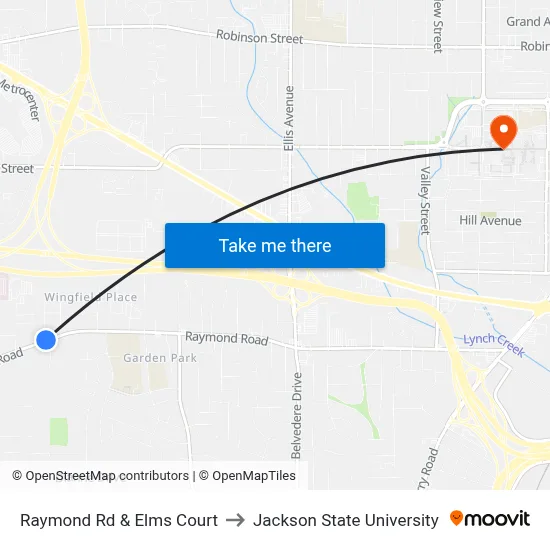 Raymond Rd & Elms Court to Jackson State University map