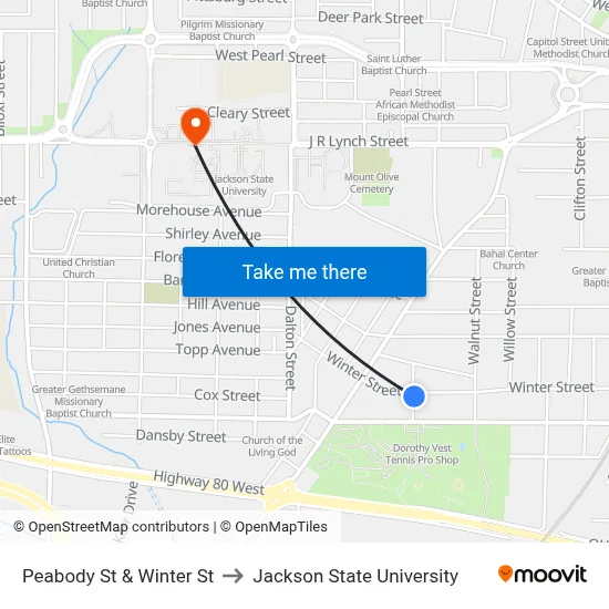 Peabody St & Winter St to Jackson State University map