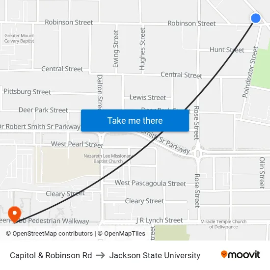 Capitol & Robinson Rd to Jackson State University map