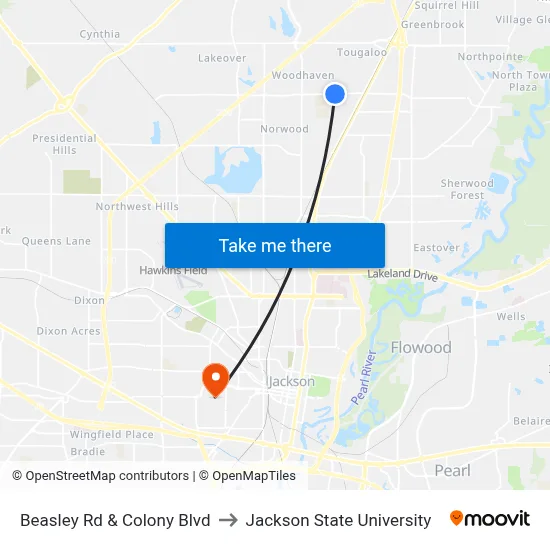 Beasley Rd & Colony Blvd to Jackson State University map
