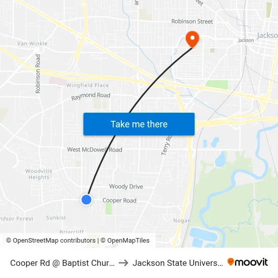 Cooper Rd @ Baptist Church to Jackson State University map