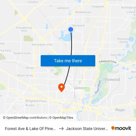 Forest Ave & Lake Of Pines Dr to Jackson State University map