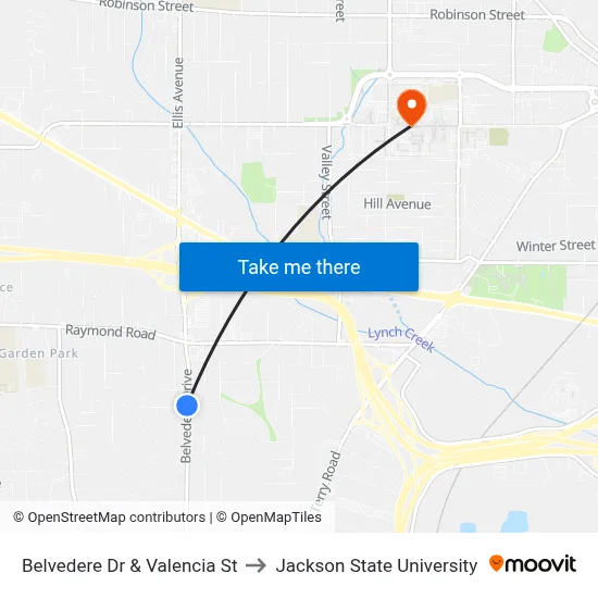 Belvedere Dr & Valencia St to Jackson State University map