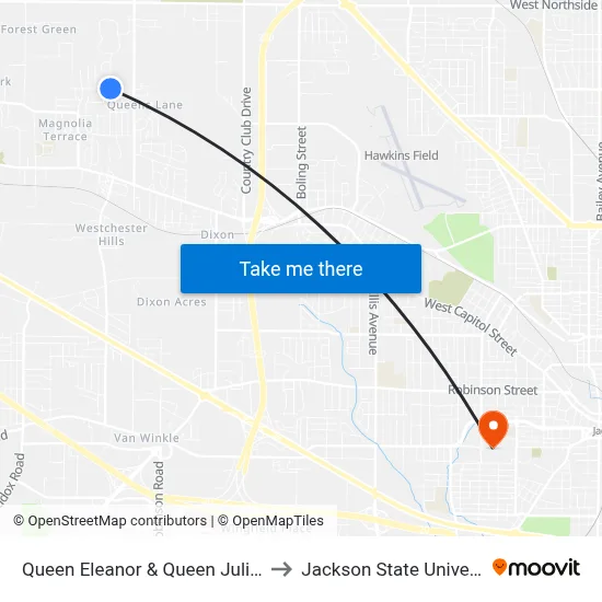 Queen Eleanor & Queen Julianna to Jackson State University map