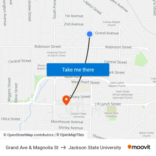 Grand Ave & Magnolia St to Jackson State University map
