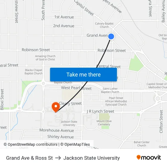 Grand Ave & Ross St to Jackson State University map