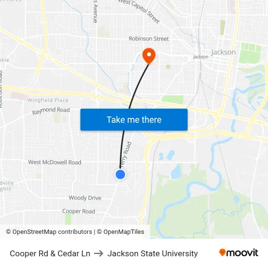 Cooper Rd & Cedar Ln to Jackson State University map