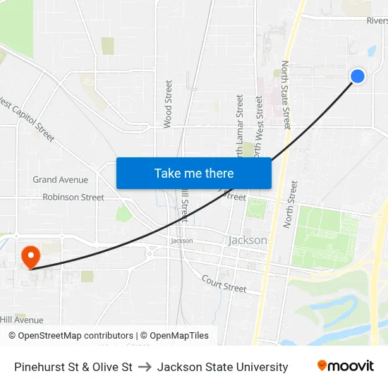 Pinehurst St & Olive St to Jackson State University map