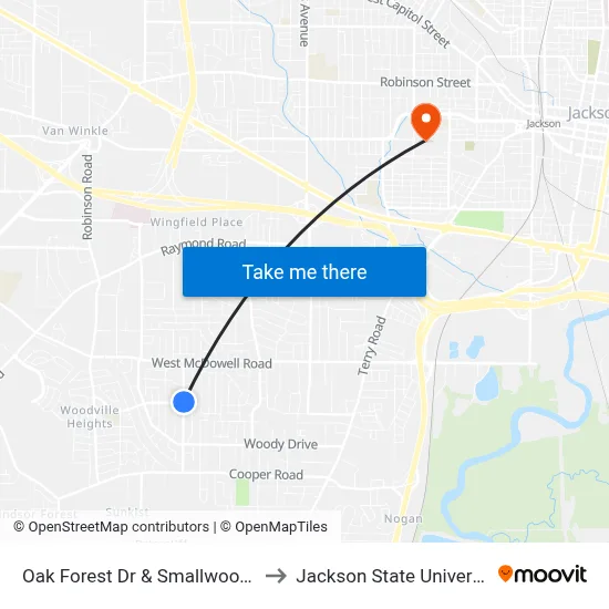 Oak Forest Dr & Smallwood St to Jackson State University map