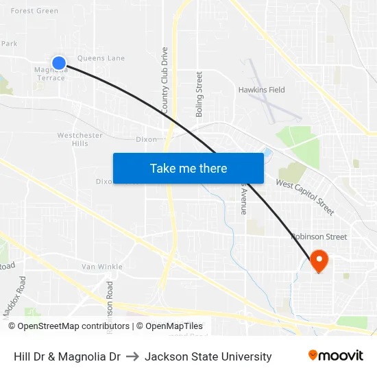 Hill Dr & Magnolia Dr to Jackson State University map