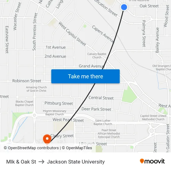 Mlk & Oak St to Jackson State University map