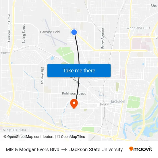 Mlk & Medgar Evers Blvd to Jackson State University map