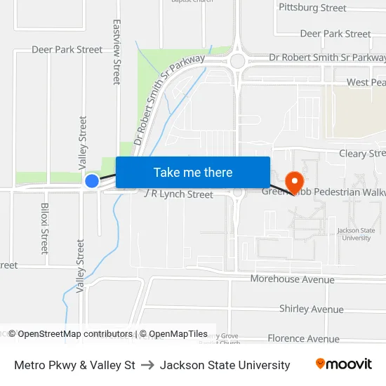 Metro Pkwy & Valley St to Jackson State University map