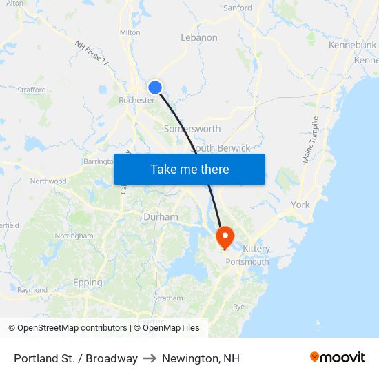 Portland St. / Broadway to Newington, NH map