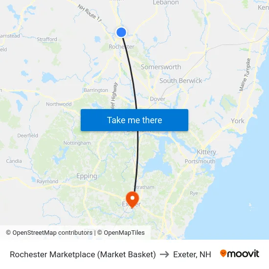 Rochester Marketplace (Market Basket) to Exeter, NH map