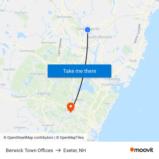 Berwick Town Offices to Exeter, NH map
