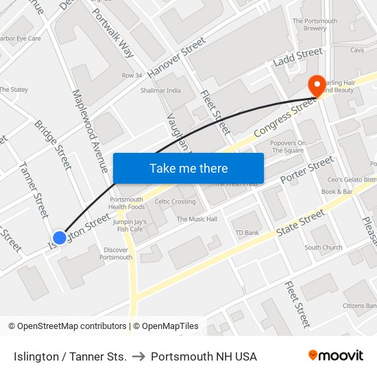 Islington / Tanner Sts. to Portsmouth NH USA map