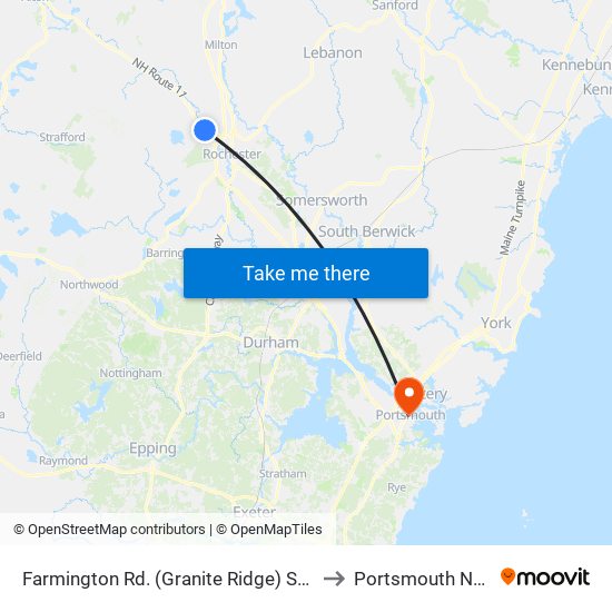 Farmington Rd. (Granite Ridge) Southbound to Portsmouth NH USA map