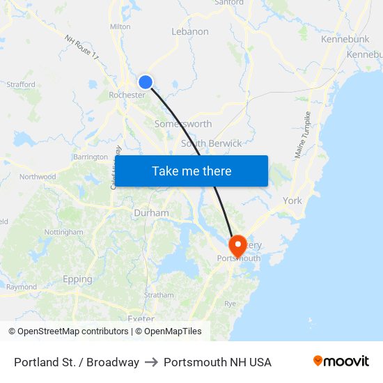 Portland St. / Broadway to Portsmouth NH USA map