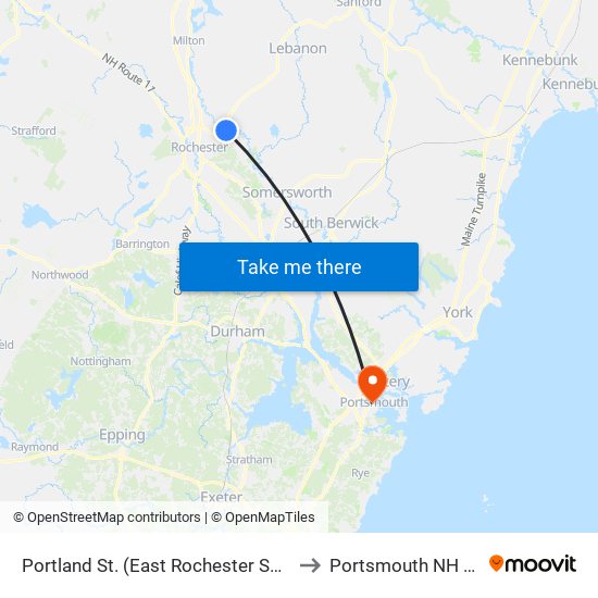 Portland St. (East Rochester School) to Portsmouth NH USA map