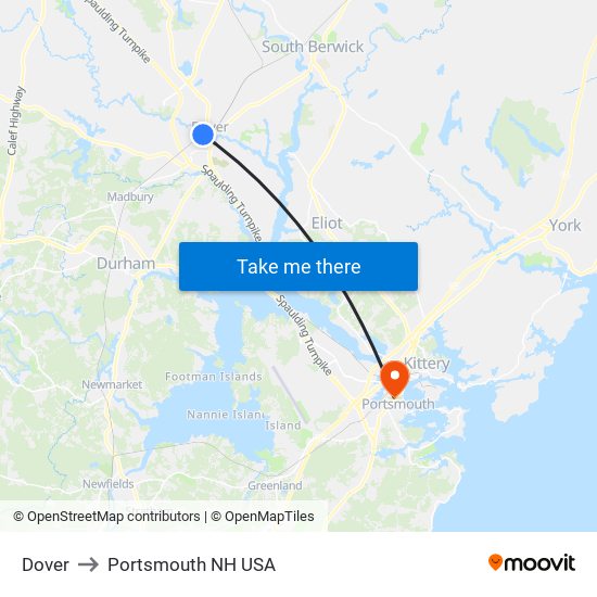 Dover to Portsmouth NH USA map