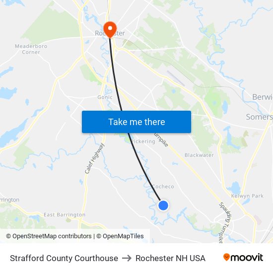 Strafford County Courthouse to Rochester NH USA map