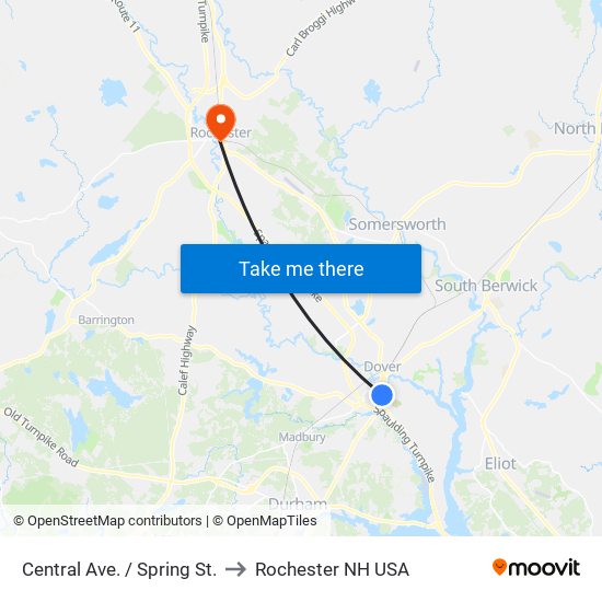 Central Ave. / Spring St. to Rochester NH USA map