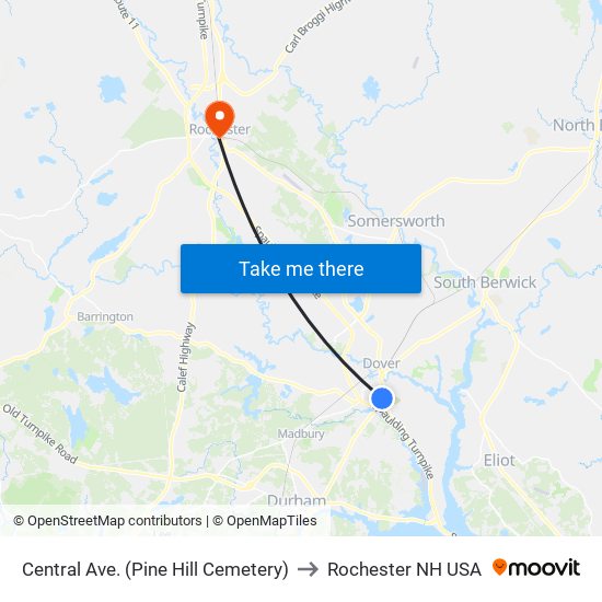 Central Ave. (Pine Hill Cemetery) to Rochester NH USA map