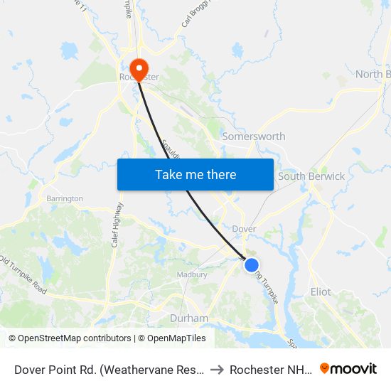 Dover Point Rd. (Weathervane Restaurant) to Rochester NH USA map