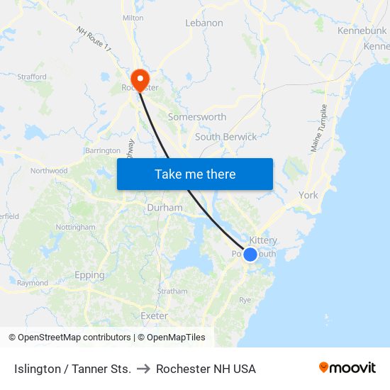 Islington / Tanner Sts. to Rochester NH USA map